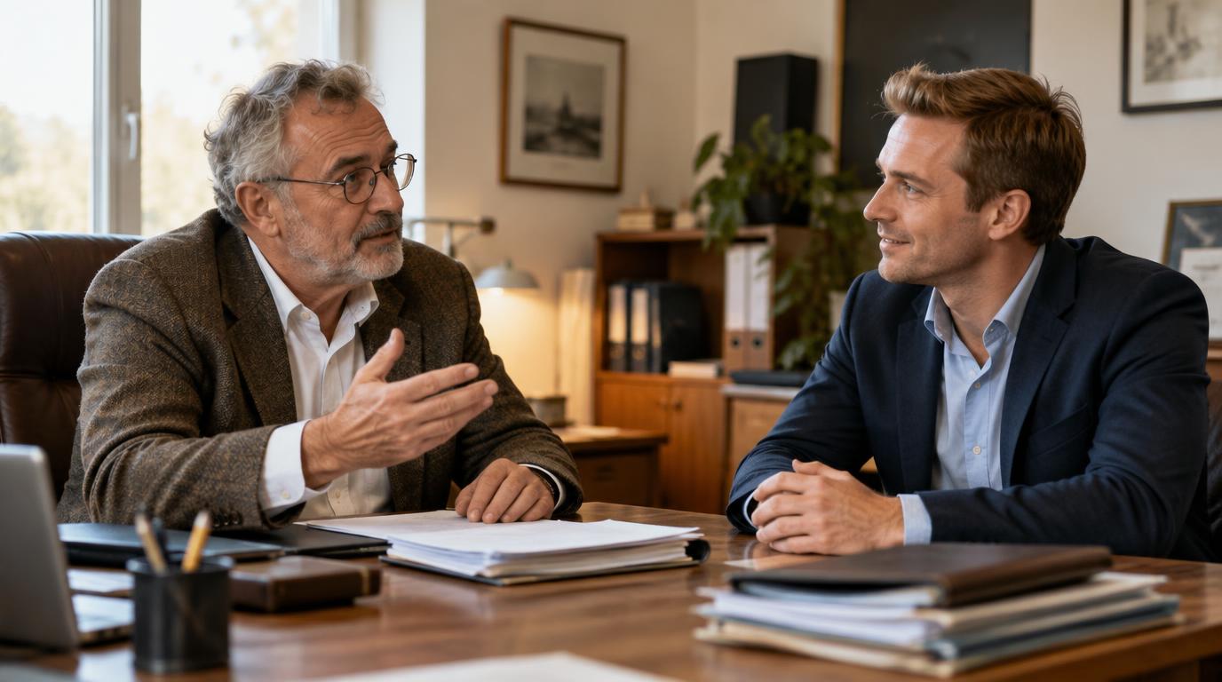 Un dirigeant qui prépare la transmission de son entreprise échange avec un investisseur-dirigeant dans son bureau — Alexis Schumacher, repreneur de PME