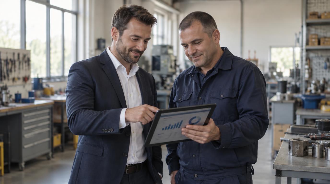 Un investisseur-dirigeant et le responsable d'atelier d'une PME consultent ensemble le tableau de bord de l'entreprise — Alexis Schumacher, repreneur d'entreprise