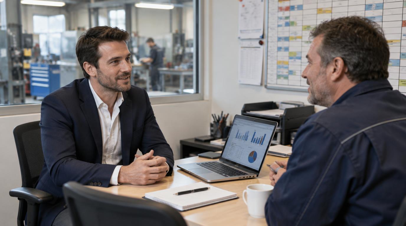 Point hebdomadaire entre un investisseur-dirigeant et le responsable opérationnel d'une PME, dans le bureau de l'atelier — Alexis Schumacher, repreneur