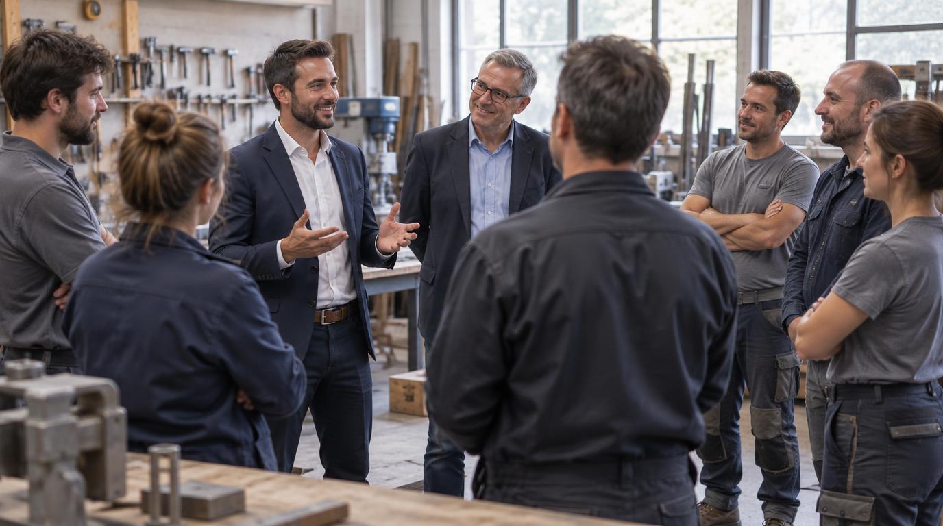 Premier jour d'une reprise d'entreprise : le repreneur s'adresse à l'équipe dans l'atelier, aux côtés de l'ancien dirigeant — Alexis Schumacher, repreneur de PME